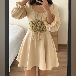 Beige Floral Corset Long Sleeve Dress
